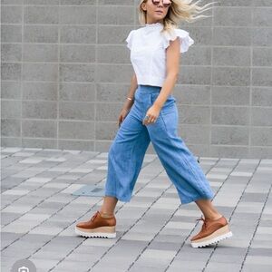Chelsea & Theodore pants - blue chambray cropped wide leg pull on style